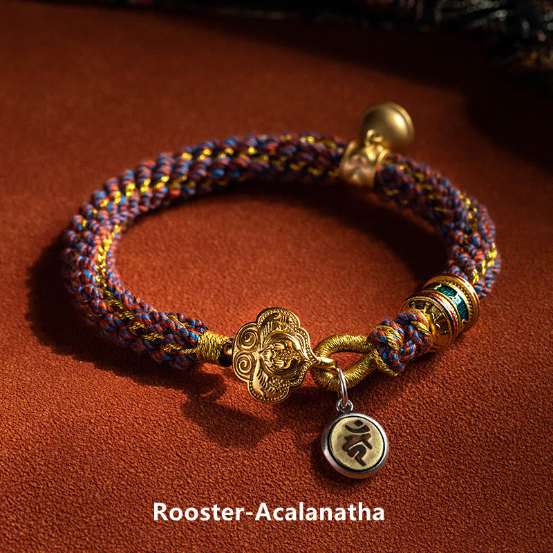BWOOOH 925 Sterling Silver Chinese Zodiac Natal Buddha Om Mani Padme Hum Luck Bell Braided String Bracelet