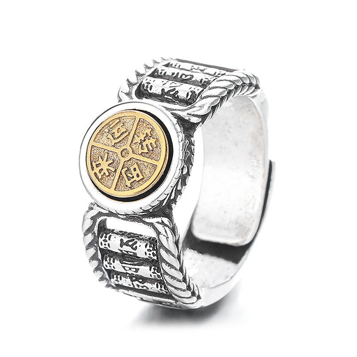 BWOOOH Tibetan Om Mani Padme Hum Carved Design Copper Coin Purity Rotatable Ring