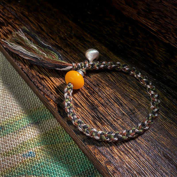 BWOOOH 990 Sterling Silver Tibetan Handmade Amber Steelyard Weight Wish Protection Bracelet
