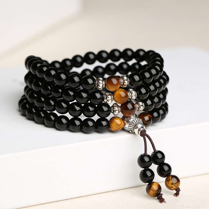 BWOOOH Black Obsidian Tiger Eye Blessing Mala Bracelet