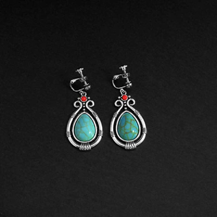 BWOOOH Tibet Vintage Turquoise Waterdrop Strength Drop Dangle Earrings Clips