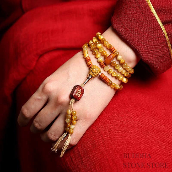 BWOOOH 108 Mala Beads Natural Tiger Eye Copper Dorje Protection Tassel Bracelet