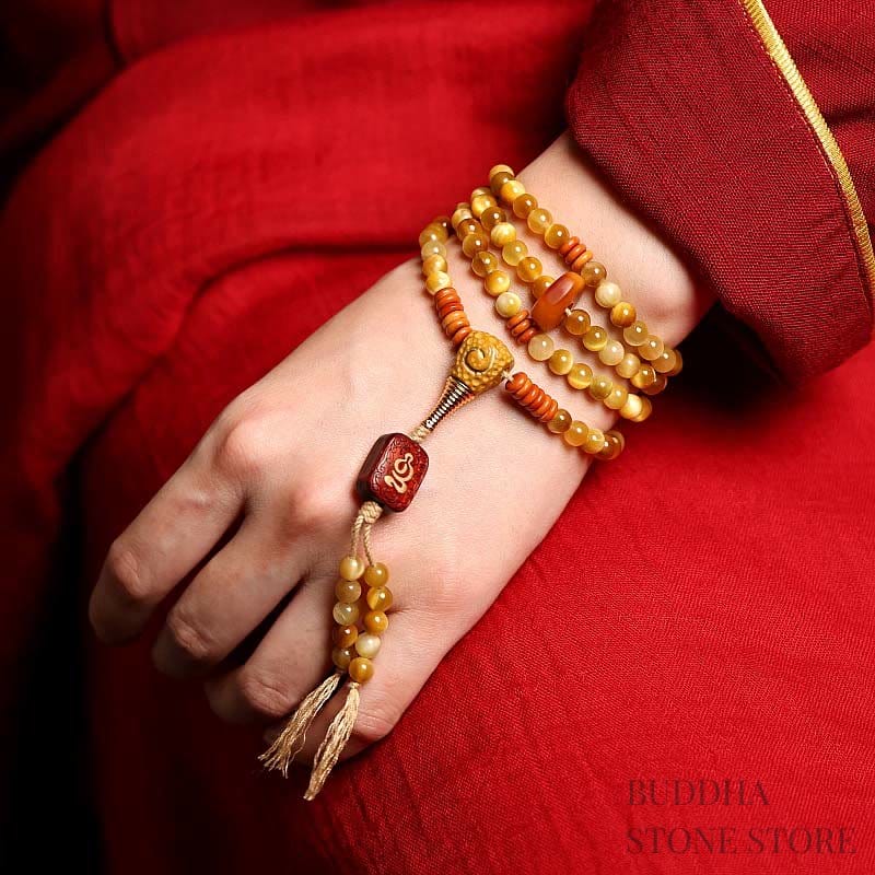 BWOOOH 108 Mala Beads Natural Tiger Eye Copper Dorje Protection Tassel Bracelet