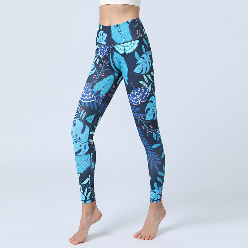 BWOOOH lotus print yoga leggings - Leaves Print Pants Sports Fitness Yoga H