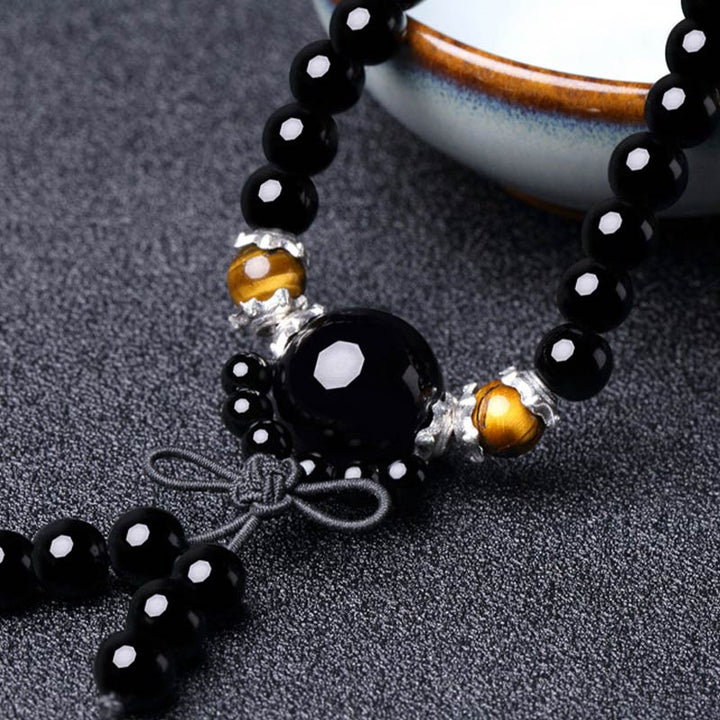 BWOOOH 108 Beads Natural Black Obsidian Tiger Eye Red Agate Mala Bracelet