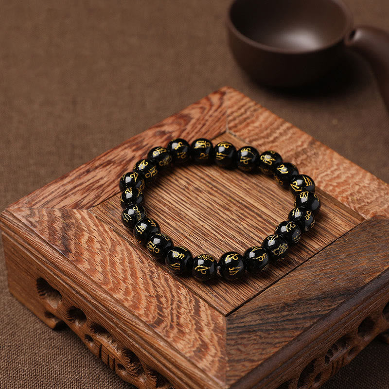 BWOOOH Tibet White Crystal Black Onyx Om Mani Padme Hum Meditation Bracelet