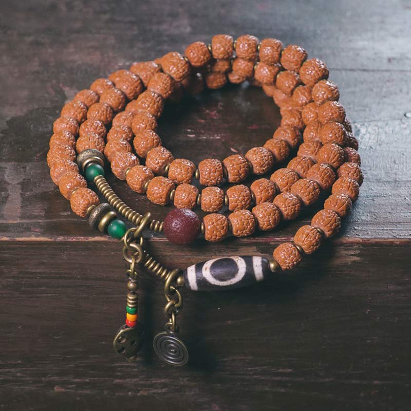 BWOOOH 108 Mala Rudraksha Beads Bodhi Seed Dzi Bead Luck Auspiciousness Tassel Bracelet