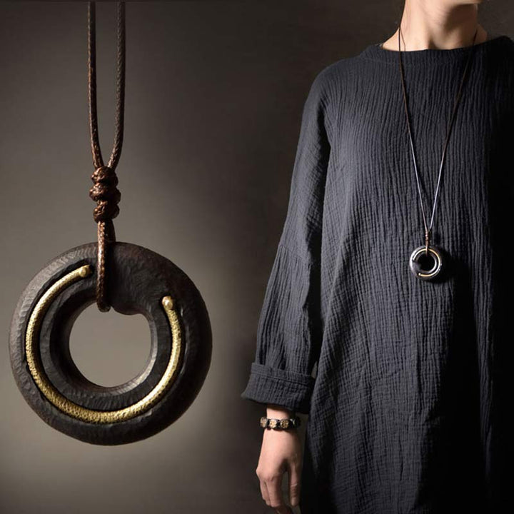 BWOOOH Zen Circle Ebony Wood Peace Calm Necklace Pendant