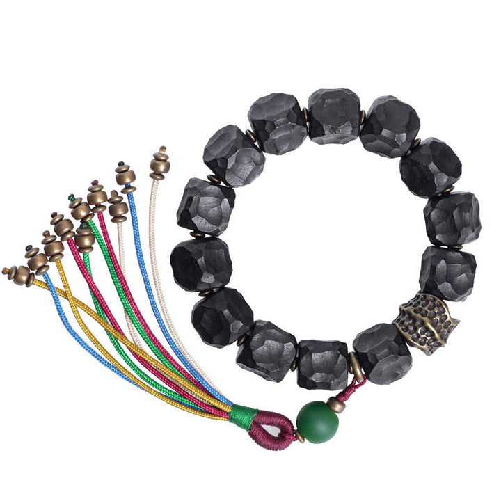 BWOOOH Tibet Ebony Wood Copper Peace Tassel Wrist Mala Bracelet