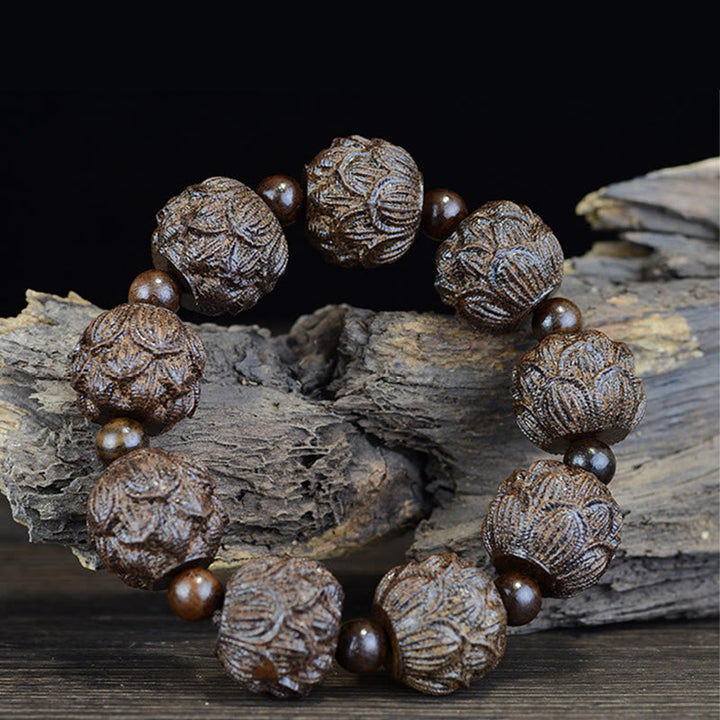 BWOOOH Ebony Wood Eighteen Arhats Lotus Dragon Engraved Balance Bracelet | spiritual healing bracelet