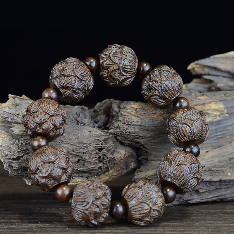 BWOOOH Ebony Wood Eighteen Arhats Lotus Dragon Engraved Balance Bracelet | spiritual healing bracelet