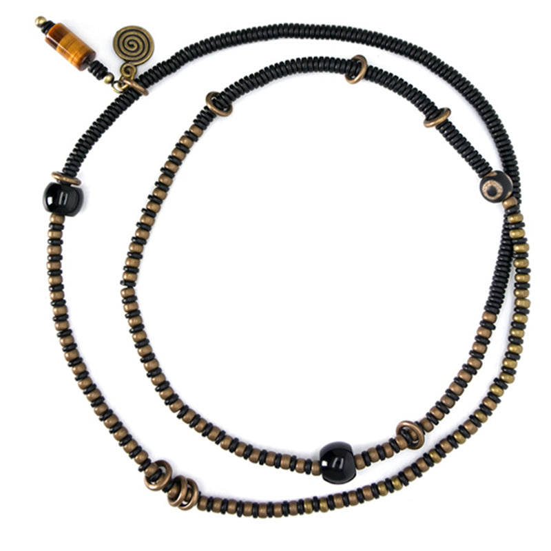 BWOOOH Ebony Wood Dzi Bead Copper Peace Couple Bracelet Necklace Pendant