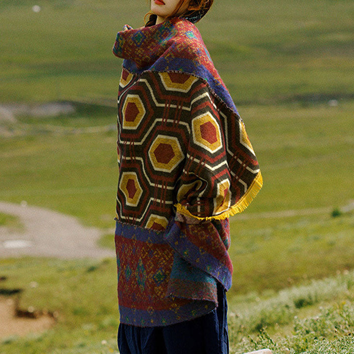 BWOOOH Tibetan Shawl Brown Blue Red Geometric Shapes Patt