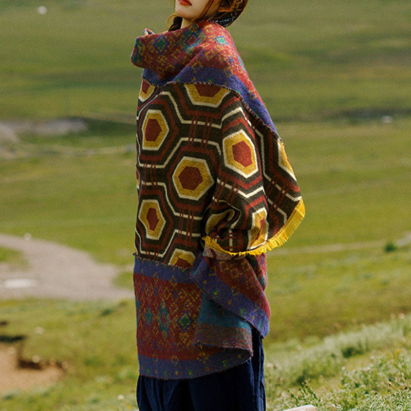 BWOOOH Tibetan Shawl Brown Blue Red Geometric Shapes Patt