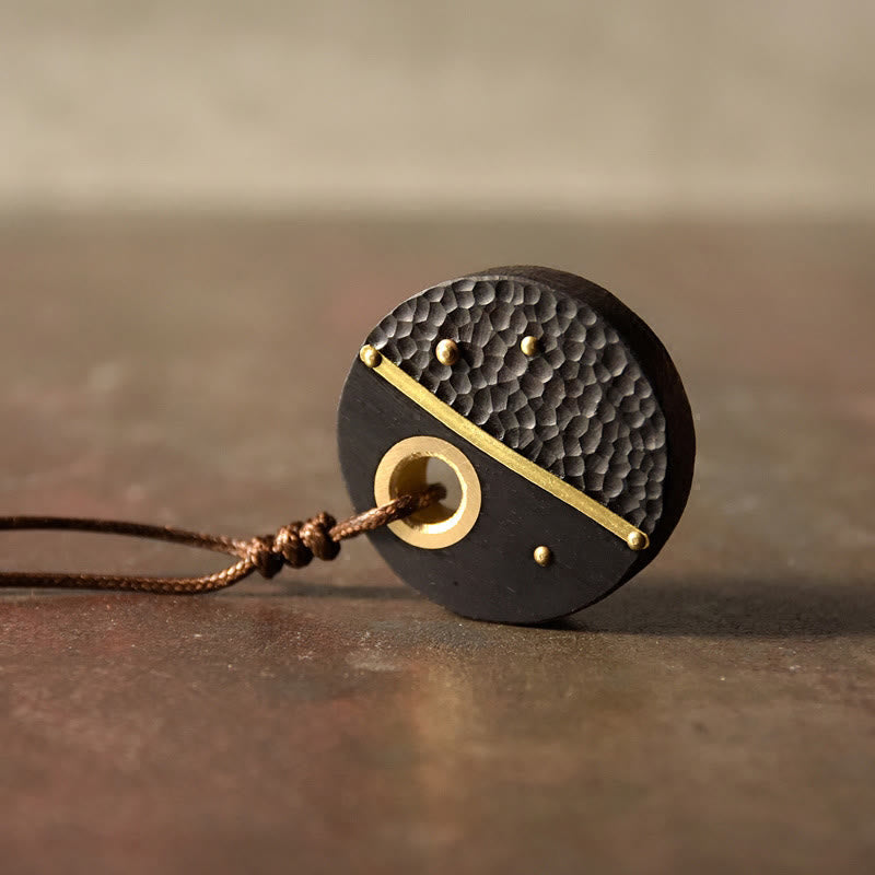 BWOOOH Handcrafted Round Ebony Wood Brass Copper Peace Necklace Pendant