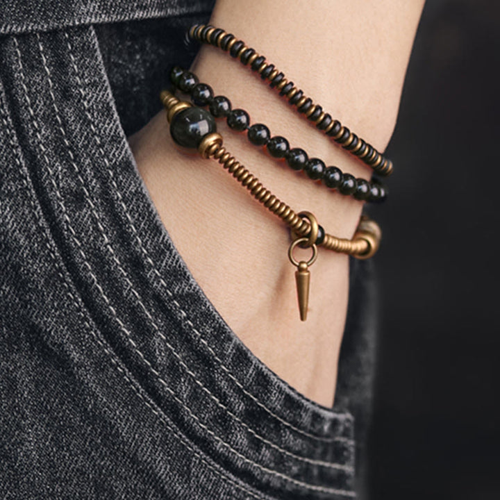 BWOOOH Rainbow Obsidian Ebony Wood Copper Healing Triple Wrap Bracelet