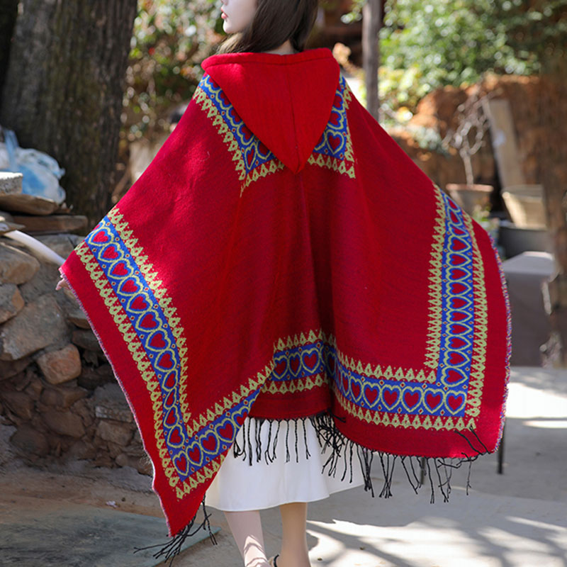 BWOOOH Tibetan Shawl Red Love Heart Tassel Hooded Cloak W