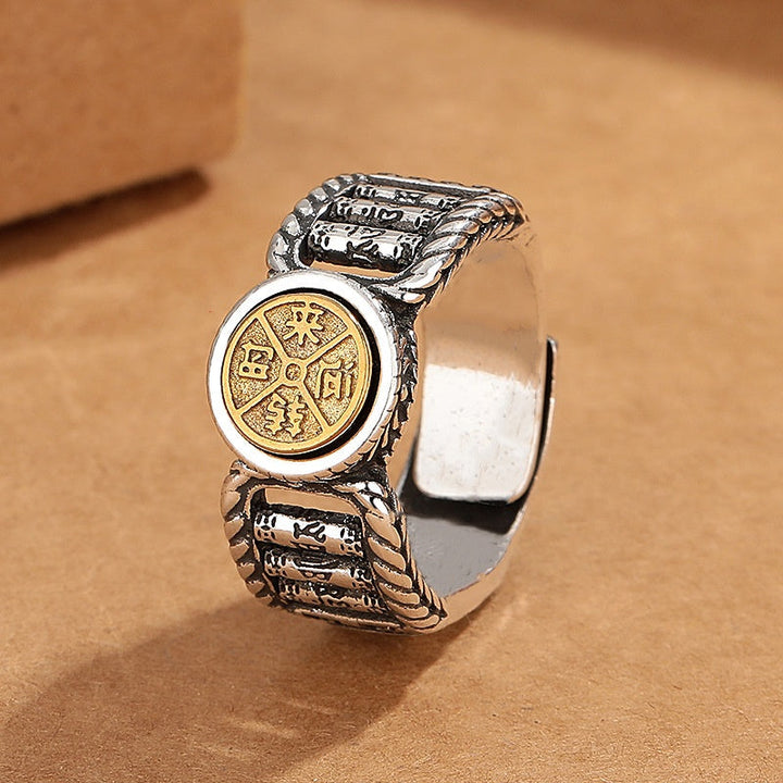 BWOOOH Tibetan Om Mani Padme Hum Carved Design Copper Coin Purity Rotatable Ring