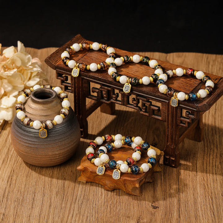 BWOOOH Tibetan Zakiram Goddess of Wealth Charm Liuli Glass Incense Ash Porcelain Bead Protection Bracelet