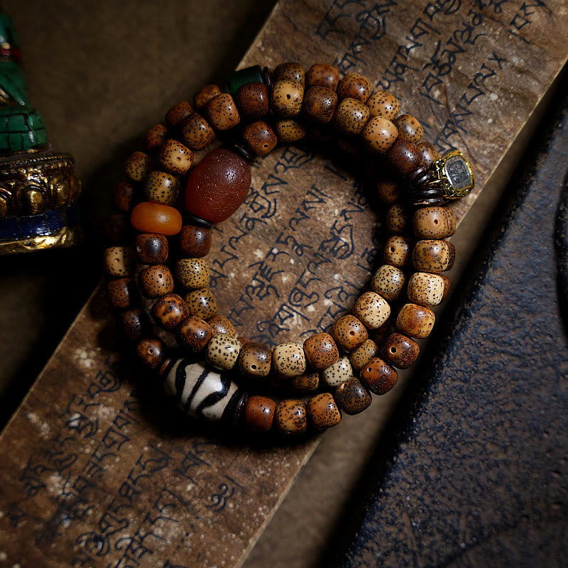 BWOOOH Tibetan Bodhi Seed Amber Dzi Bead Agate Zakiram Goddess of Wealth Beads Triple Wrap Bracelet