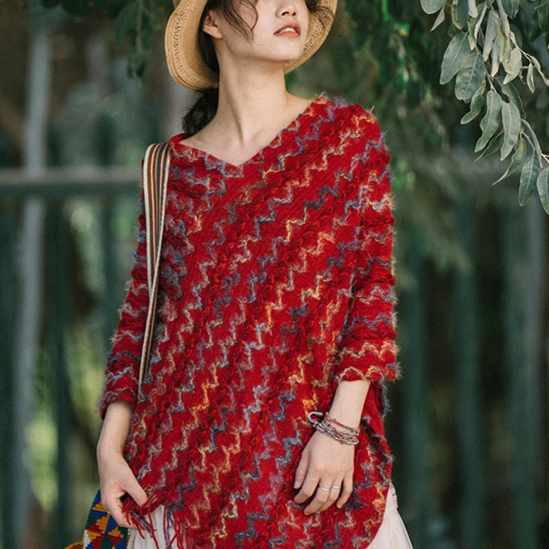 BWOOOH Tibetan Colorful Striped Shawl Tassels Pullover Wi