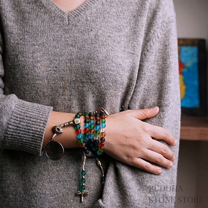 BWOOOH Tibetan 108 Mala Beads Multicolored Liuli Glass Bead Chinese Zodiac Nine Palaces Eight Diagrams Charm Bracelet