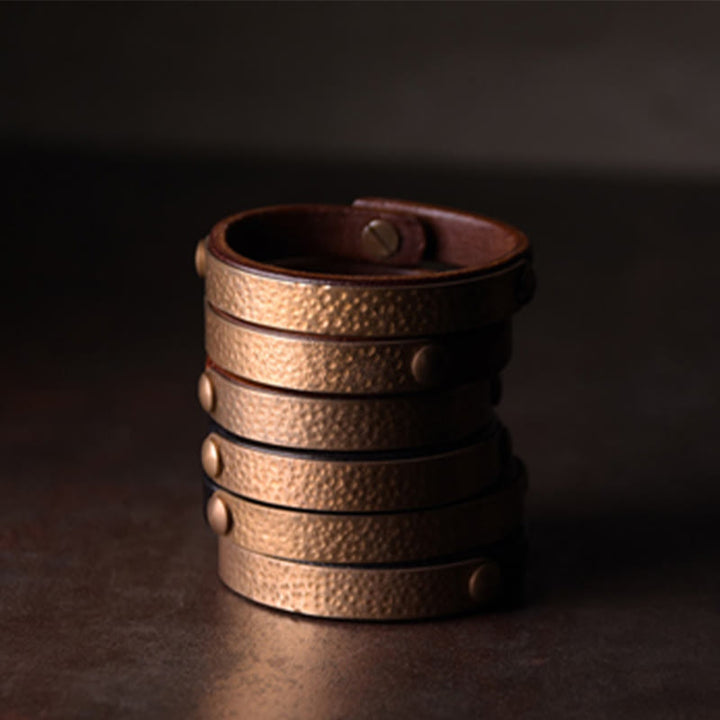 BWOOOH Vintage Handmade Texture Copper Brass Leather Wealth Bracelet Bangle