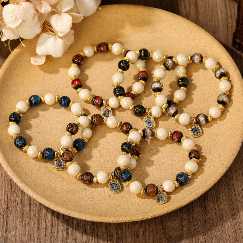 BWOOOH Tibetan Zakiram Goddess of Wealth Charm Liuli Glass Incense Ash Porcelain Bead Protection Bracelet