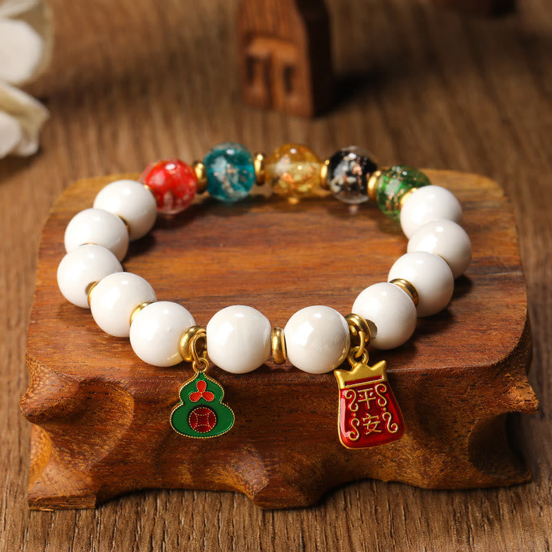 BWOOOH Tibetan Incense Ash Porcelain Luminous Fluorescent Liuli Glass Bead Gourd Copper Coin Charm Peace Bracelet
