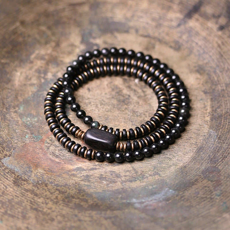 BWOOOH Rainbow Obsidian Ebony Wood Copper Healing Triple Wrap Bracelet