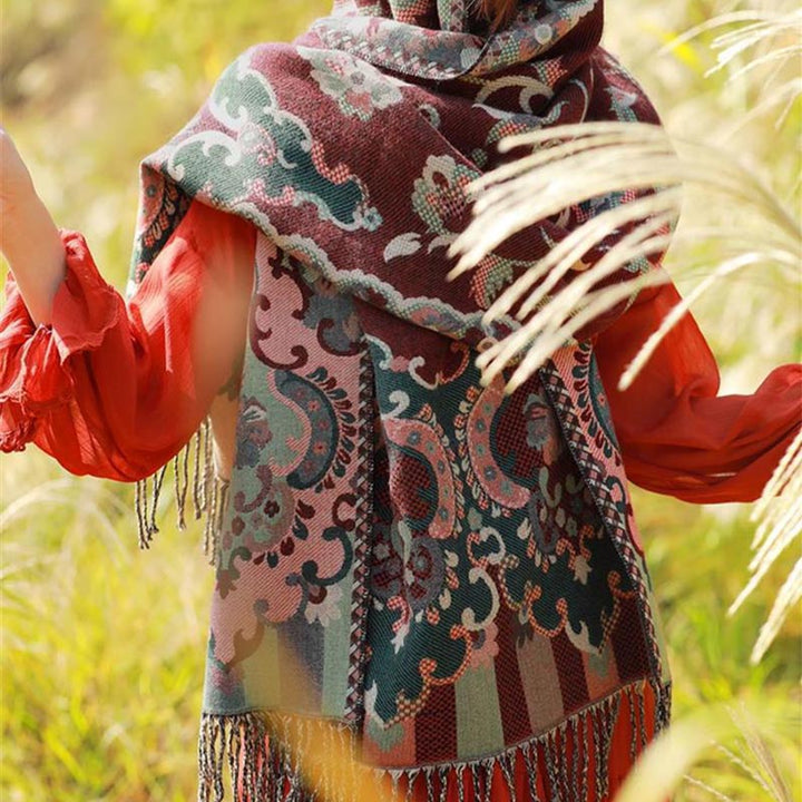 BWOOOH Tibetan Flowers Leaves Branch Design Tassel Shawl 