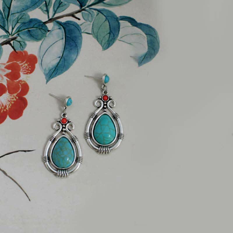 BWOOOH Tibet Vintage Turquoise Waterdrop Strength Drop Dangle Earrings Clips
