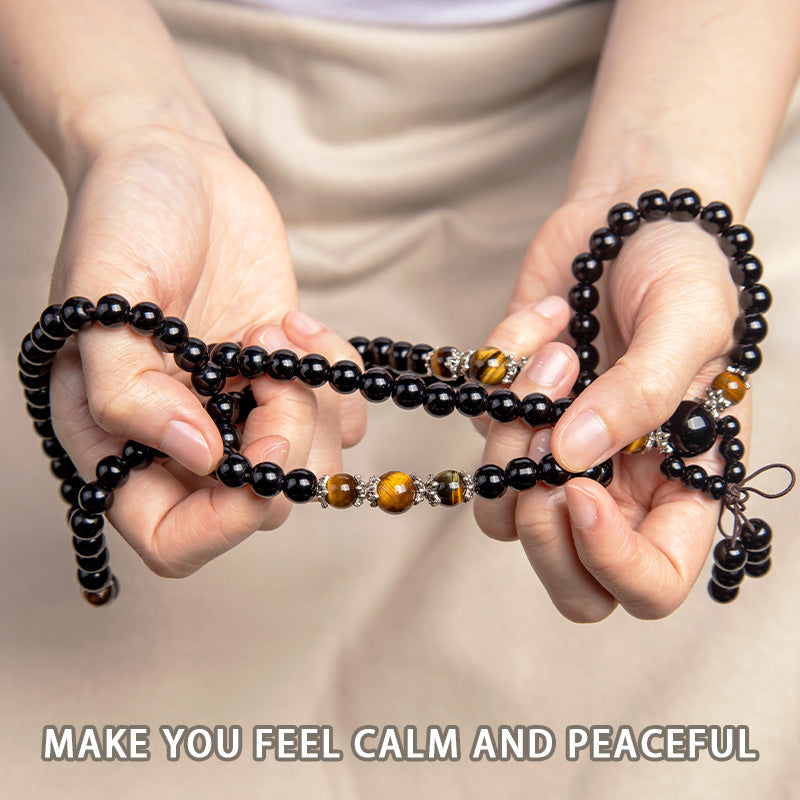 BWOOOH 108 Beads Natural Black Obsidian Tiger Eye Red Agate Mala Bracelet