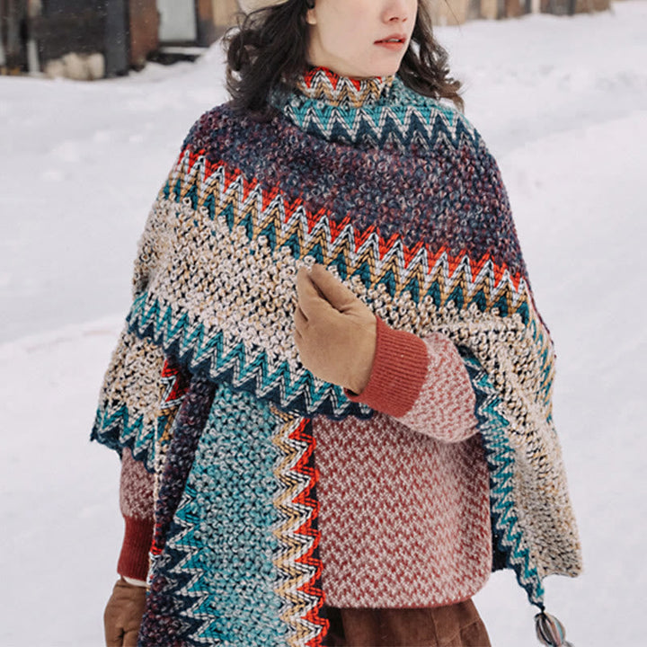 BWOOOH Tibetan Shawl Blue Beige Red Wavy Pattern Winter W