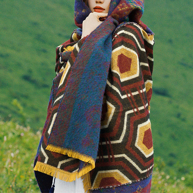 BWOOOH Tibetan Shawl Brown Blue Red Geometric Shapes Patt