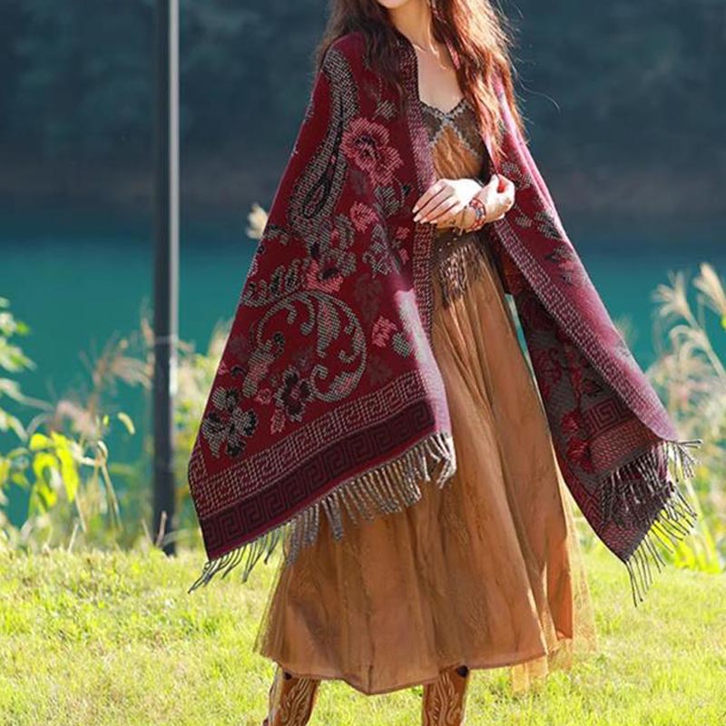 BWOOOH Tibetan Flowers Leaves Pattern Design Shawl Cozy T