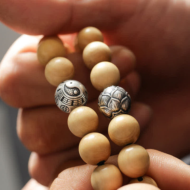 BWOOOH Tibet Peach Wood Lotus Cinnabar Bagua Yin Yang Luck Wealth Bracelet