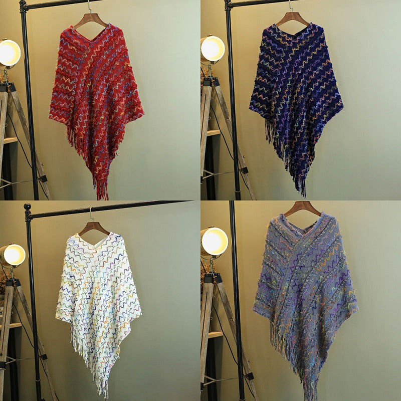 BWOOOH Tibetan Colorful Striped Shawl Tassels Pullover Wi
