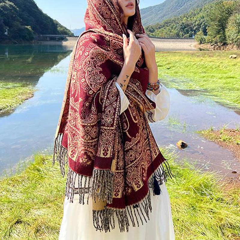 BWOOOH Vintage Tibetan Leaves Pattern Design Shawl Cozy T