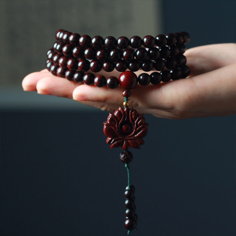 BWOOOH Tibetan Small Leaf Red Sandalwood Lotus Mala Balance Bracelet