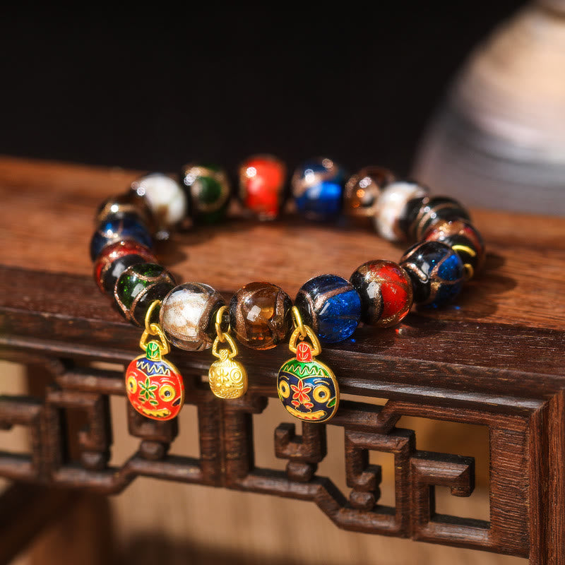 BWOOOH Five Elements Gold Swallowing Beast Family Charm Liuli Glass Bead Luck Bracelet