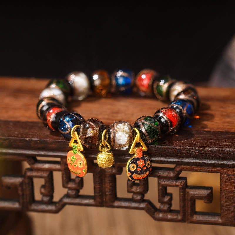 BWOOOH Five Elements Gold Swallowing Beast Family Charm Liuli Glass Bead Luck Bracelet