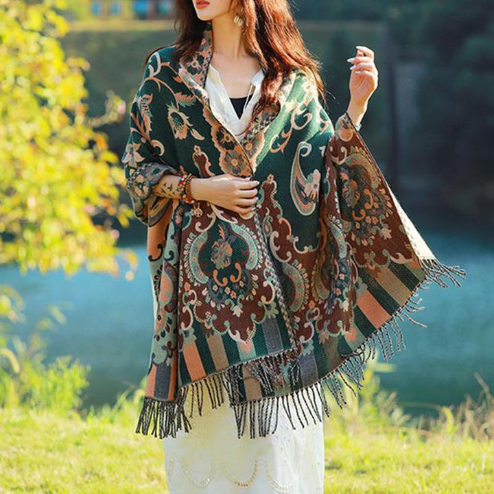 BWOOOH Tibetan Flowers Leaves Branch Design Tassel Shawl 