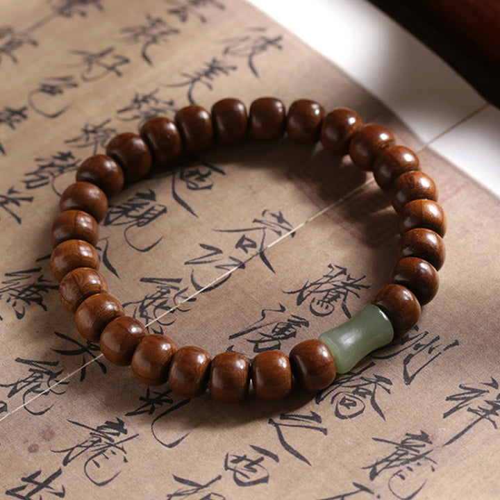 BWOOOH Natural Abelia Biflora Wood Hetian Jade Bamboo Bead Warding Off Evil Spirits Bracelet