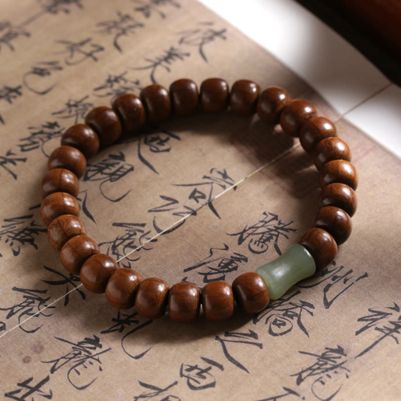 BWOOOH Natural Abelia Biflora Wood Hetian Jade Bamboo Bead Warding Off Evil Spirits Bracelet