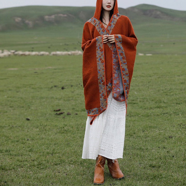 BWOOOH Tibetan Shawl Border Small Floral Flower Hooded Cl