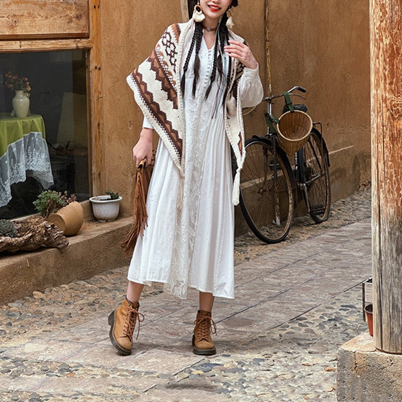 BWOOOH Tibetan Striped Brown Beige Tassel Shawl Winter Co