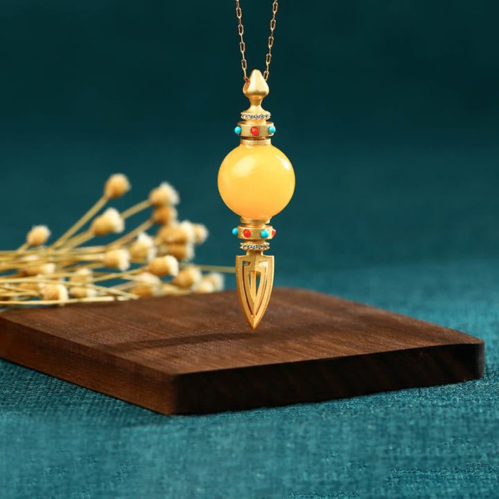 BWOOOH 24K Gold Plated Amber Dorje Vajra Clear Anxiety Necklace Pendant