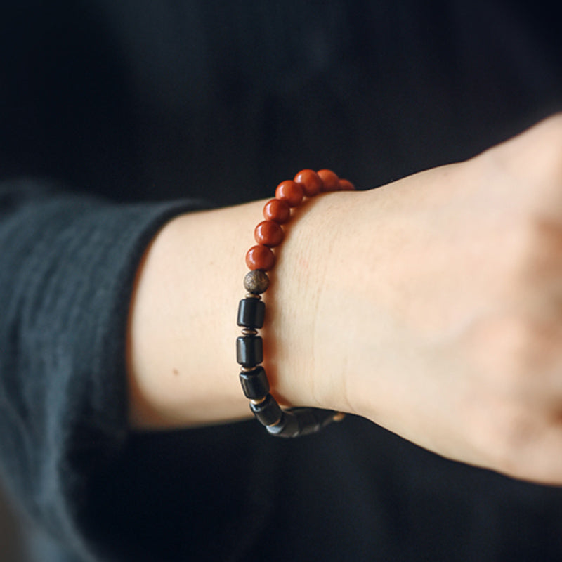 BWOOOH Ebony Wood Red Jasper Moss Agate Crystal Copper Peace Couple Bracelet