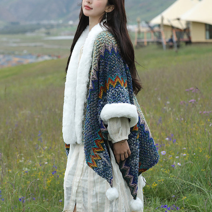BWOOOH Tibetan Multicolored Wavy Lines Knitted Striped Sh